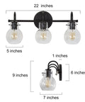 3 Light Black Vanity Light With Clear Glass Shades, Modern Farmhouse Bathroom Lighting Fixture dimensions illustration