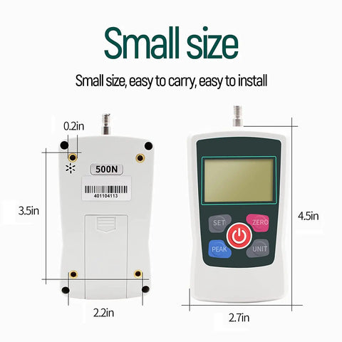 Digital Pro Grade Force Gauge Push and Pull Tester 500N Max With Four Units N Kg Lb Oz Auto Backlight And Buzzer Alarm 1 Percent Accuracy Real Time Peak First Peak Modes Built For Real World Use small size handheld tester, 4.5in x 2.7in