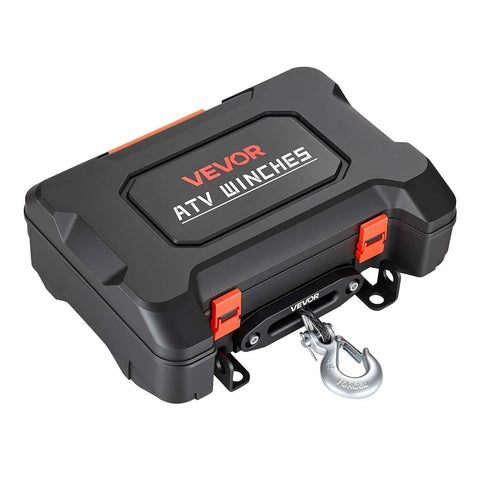Portable Workhorse Winch 6000 Lbs 12V DC Electric With Synthetic Rope Wireless And Wired Remotes Box Style Recovery Kit With Fairlead Clevis Hook And Strap For ATV UTV Off Road Pulling Tasks. black box-style ATV winch with clevis hook