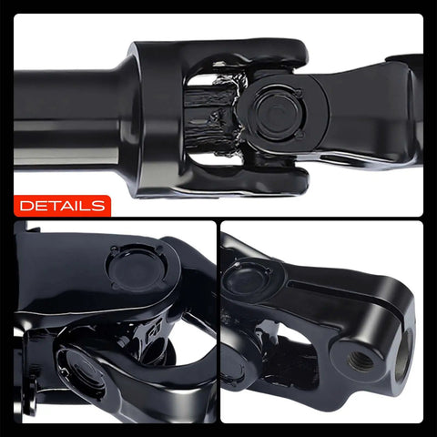 Close-up of the black steel Direct Fit Intermediate Steering Shaft, compatible with Buick LeSabre Cadillac DeVille Pontiac Bonneville.