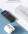 64GB Bluetooth MP3 Player With A19 2.4 Inch Curved Screen next to wireless speaker and earbuds, showcasing connectivity