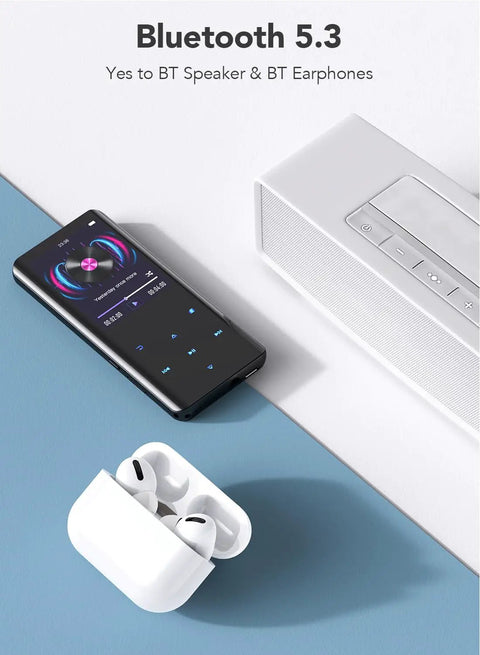 64GB Bluetooth MP3 Player With A19 2.4 Inch Curved Screen next to wireless speaker and earbuds, showcasing connectivity