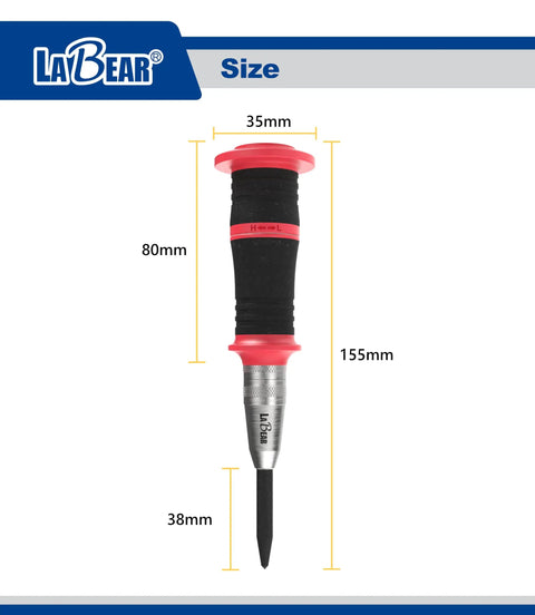 Adjustable 6 Inch Auto Center Punch With S2 Steel Tip and spring loaded design, showing size details and ergonomic grip.