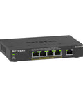 Front view of 5 Port PoE Gigabit Ethernet Unmanaged Switch with 4 PoE Plus Ports and 63W Budget, Model GS305P.