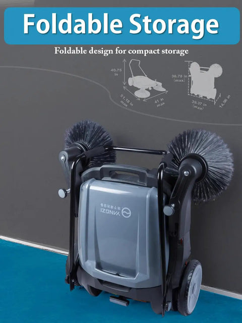 Manual Walk Behind Floor Sweeper With 41 Inch Sweeping Path And 55 Liter Bin No Cord Wrangling Daily Grind Workhorse For Concrete Shop Floors Baby Blue foldable design for compact storage with clear dimensions.