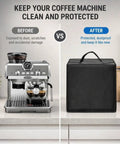 Espresso Machine Cover With Storage Pocket Water And Dust Resistant Durable Kitchen Appliance Cover Fits Most Models Keeps Your Countertop Clean And Looking Slick For Extra Storage shown next to espresso machine