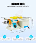 Beast 750W Mini Table Saw Bench Grinder with dimensions, showing jade/wood blade, and speed control knob for lapidary and jewelry.