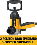 Badass Torque One Half Inch Spade Handle Corded Drill With Nine Point Zero Amp Motor And Reversing Switch Weekender Favorite For Trade Work And Garage Grind Certified Refurbished showing the 2-position rear spade and 3-position side handle.