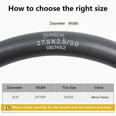 Two Pack 27.5 Inch Heavy Duty Bike Tubes 27.5x2.5 2.0/3.0 64/76-584 With 48mm Presta Valve shown with size chart
