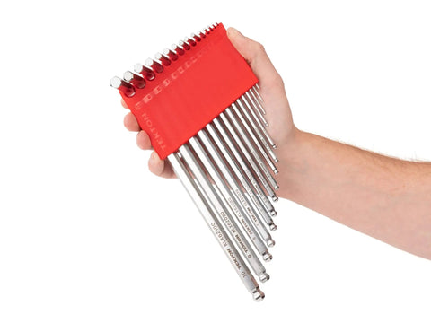 Hand holding Ball End Hex Key Set With Holders, 28 Piece Inch And Metric Allen Wrenches In Chrome Finish, No Slip Grip