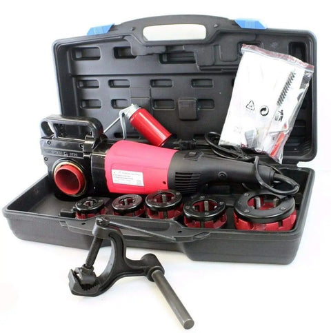 Heavy Duty Portable Electric Pipe Threader Machine With Six Cast Iron Dies Handles Half To Two Inch NPT Pipes Without Breaking A Sweat Killer Threading Rig For Professionals And DIY Crews in a carrying case.