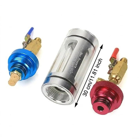 JurwheeR AC Oil Filter Kit With Visual Coolant Inspection Tool features brass valves and transparent sight glass.
