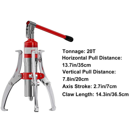 Heavy Duty Hydraulic Bearing Puller 20 Ton Capacity with detailed dimensions for mechanics and workshop use.