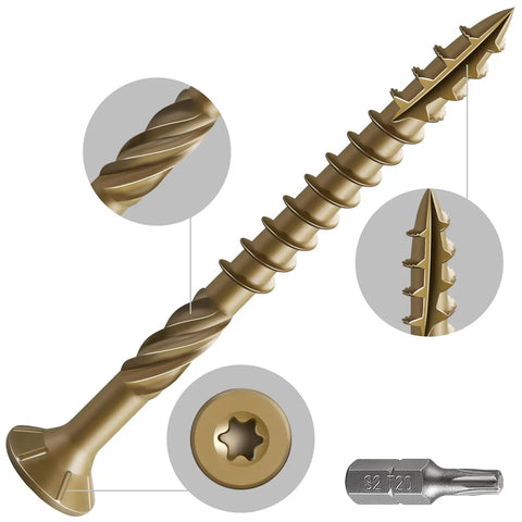 Size Ten Deck Screws 2 And 1 Quarter Inch Exterior Wood Screws, 180 Pack, 2 Lbs, Rust Resistant Epoxy Coated Bronze Finish, T25 Star Bit
