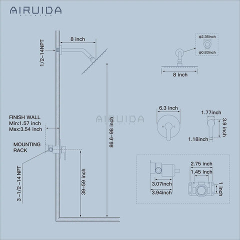 Technical diagram of 8 Inch Round Rainfall Shower Head Matte Black Shower Faucet Set with SUS304 Stainless Steel Trim Kit.