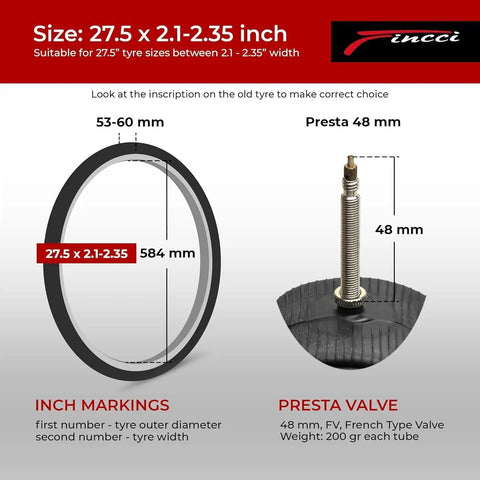 27.5 Inch Bike Inner Tubes Fit 2.1 To 2.35 Width With 48mm Presta Valve For MTB Road Hybrid Bikes Pack Of 2 details and specs image