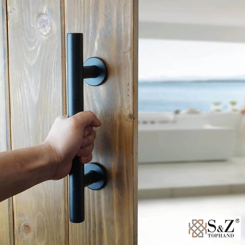 Heavy Duty 12 Inch Sliding Barn Door Handle Set In Black With Powder Coat, Round Pull For 1.38 To 1.75 Inch Doors