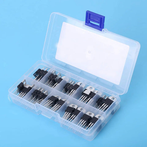 60 Piece Transistor And Regulator Variety Pack With 10 Value Types Including L7805CV And LM317T, Storage Box shown open