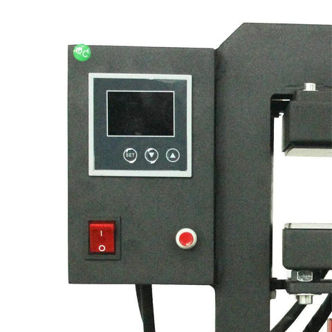 Heavy Duty 14000 PSI Hydraulic Heat Press Machine 110V With 5x5 Inch Swing Arm Digital LCD Display Timer And Temperature Controller Dual Insulated Aluminum Heating Plates For Even Heat Built Tough For T Shirts Hats And Small Crafts control panel view