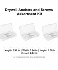 Drywall Anchors and Screws Kit with PP Plastic Wall Plugs and Stainless Steel Screws in compact case, dimensions shown.