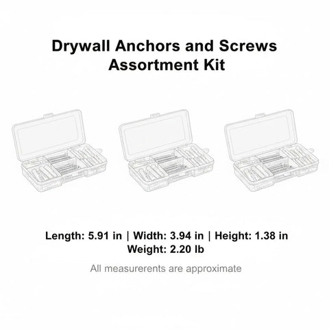Drywall Anchors and Screws Kit with PP Plastic Wall Plugs and Stainless Steel Screws in compact case, dimensions shown.