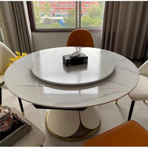 Premium Wood Lazy Susan Turntable For Dining Tables Featuring Silent 360 Degree Rotation Smooth Rolling Serving Tray on a marble table.