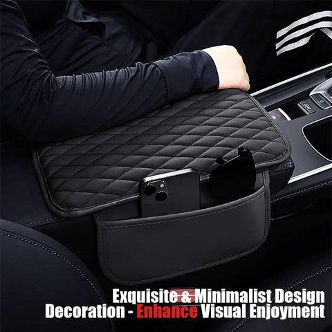 Center Console Cover With 2 Storage Bags In Premium Nappa Leather on car armrest, black quilted design, phone inside pocket.