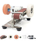 Slick Little Beast Seven Speed Mini Belt Sander With Twenty Polishing Discs And Variable Knife Sharpener For Razor Edges, compact design.