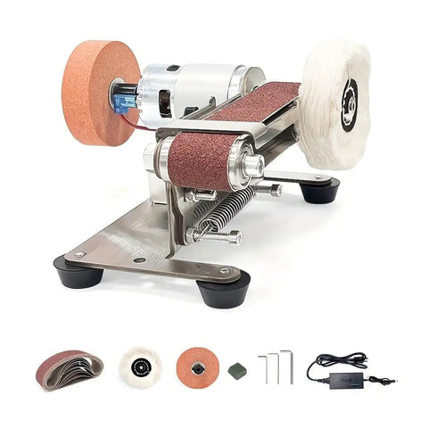 Slick Little Beast Seven Speed Mini Belt Sander With Twenty Polishing Discs And Variable Knife Sharpener For Razor Edges, compact design.