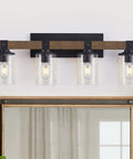 Farmhouse Vanity Light Fixture Four Light with Seeded Glass Shades for Bathroom Hallway and Bedroom, Antique Wood Finish above mirror