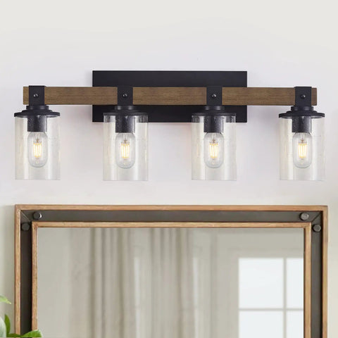 Farmhouse Vanity Light Fixture Four Light with Seeded Glass Shades for Bathroom Hallway and Bedroom, Antique Wood Finish above mirror
