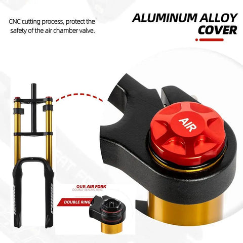 Close-up of CNC cut aluminum alloy cover on Fat Bike Front Air Suspension Fork For 20 Inch Electric And Mountain Bikes