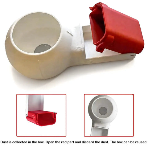 Image of a Dust Catcher Box for Drywall Holes Universal Compatibility With Most Drill Bits showing open red dust compartment.