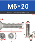 M6 Cross Countersunk Head Locking Screw And Nut Kit 304 Stainless Steel Furniture Connector Fasteners showing dimensions and specifications.