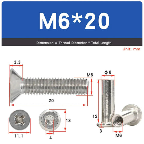 M6 Cross Countersunk Head Locking Screw And Nut Kit 304 Stainless Steel Furniture Connector Fasteners showing dimensions and specifications.