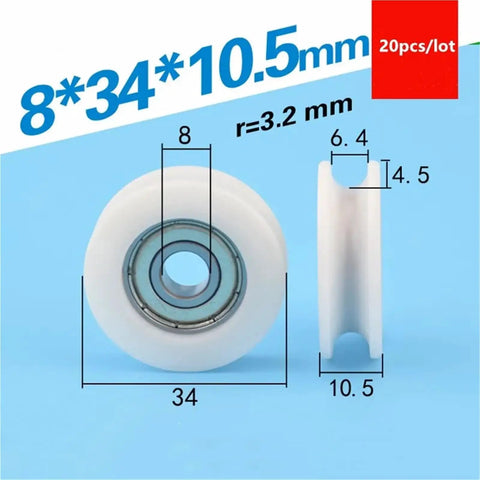 Heavy Duty 20 Pack U Groove Plastic Coated Ball Bearings 608ZZ Pom Roller With.5mm Thickness dimensions 8*34*10.5mm for skateboards.