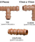 Half Inch Drip Irrigation Fittings Kit With Half Inch Tubing 18 Pieces Barbed Connectors Including 6 Tees 6 Couplings 6 Elbows