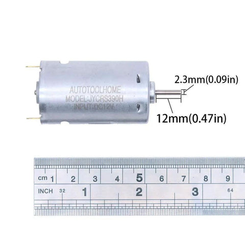 Mini DC 12V Hand Drill Kit With JT0 Chuck motor showing 2.3mm shaft diameter next to ruler for precise micro drilling