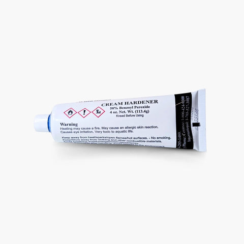 4 oz tube of Blue Cream Epoxy Hardener for stone industry, epoxies, finishing putty, body fillers, boat repair shown on white background.
