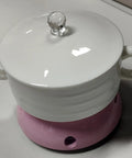 Top Shelf Electric Coffee Mug Warmer With Smart Temp Controls And Four Hour Auto Shutoff Stays Put On Your Desk, white and pink design for hot drinks.