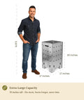 Man standing next to 30-inch Beast Of A Heavy Duty Outdoor Burn Barrel Fire Pit With Reinforced 2.0 Mm Lid And Base Corten Steel Yard Waste Incinerator