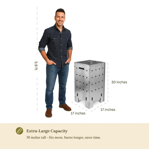 Man standing next to 30-inch Beast Of A Heavy Duty Outdoor Burn Barrel Fire Pit With Reinforced 2.0 Mm Lid And Base Corten Steel Yard Waste Incinerator