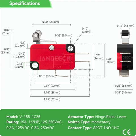 Lead Limit Switch With Short Hinge Roller Lever Arm SPDT 1NO 1NC Snap Action Micro Switch V-155-1C25 dimensions