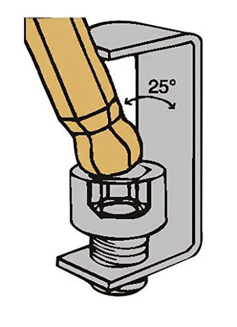 Illustration of Long Arm Balldriver L Wrench Set 13 Piece With GoldGuard Finish in use at 25-degree angle in tight space