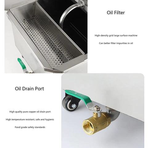Heavy Duty 550W Commercial Fryer Filter Machine With 65L Capacity Tank, stainless steel oil filter and drain port.