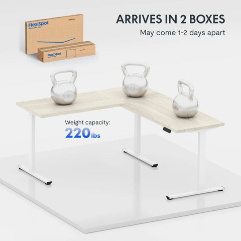 Massive 63x47 Inch L-Shaped Electric Standing Desk In Warm Maple Finish with kettlebells showcasing weight capacity of 220 lbs.