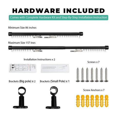 Adjustable Traverse Curtain Rod With Track System Extends From 47 To 86 Inches For Thick Curtains Up To 40 Lbs In Black Aluminum Heavy Duty And No Fuss Easy Install. Hardware kit with brackets, screws, anchors, and instructions