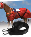 Two Pack Horse Blanket Leg Straps With Elastic Fit And Durable Metal Buckles For Riding And Training shown with red blanket