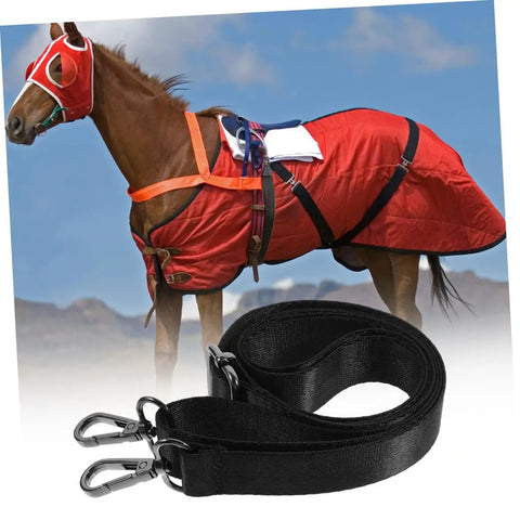 Two Pack Horse Blanket Leg Straps With Elastic Fit And Durable Metal Buckles For Riding And Training shown with red blanket