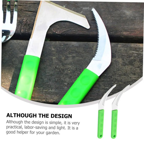 Two Pack Serrated Gardening Mowing Tool With Steel Sickle Handles Manual Weeder for easy yard work, green handles